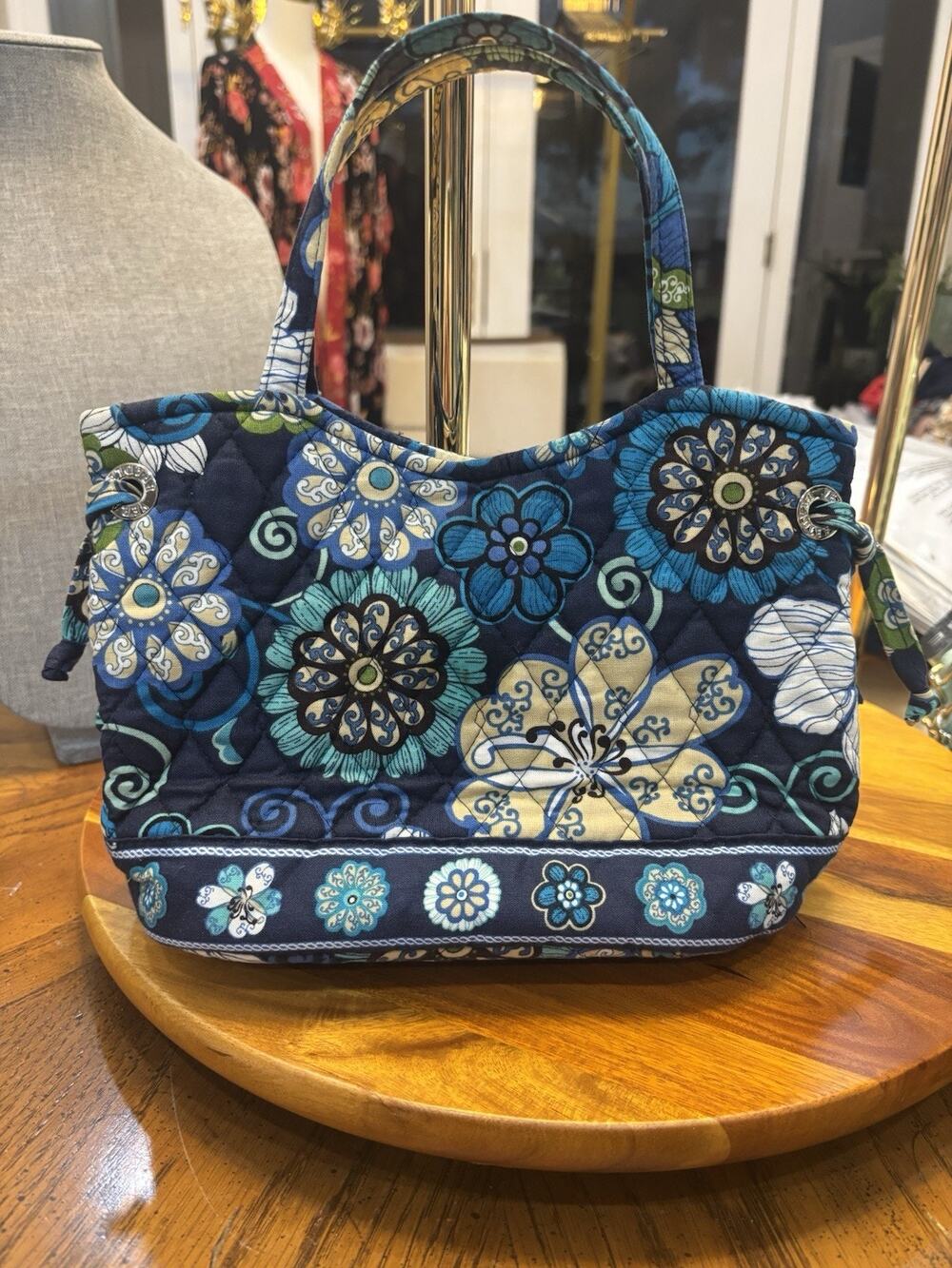 Vera Bradley Small Blue Turquoise Floral Top Handle Handbag Magnetic Close